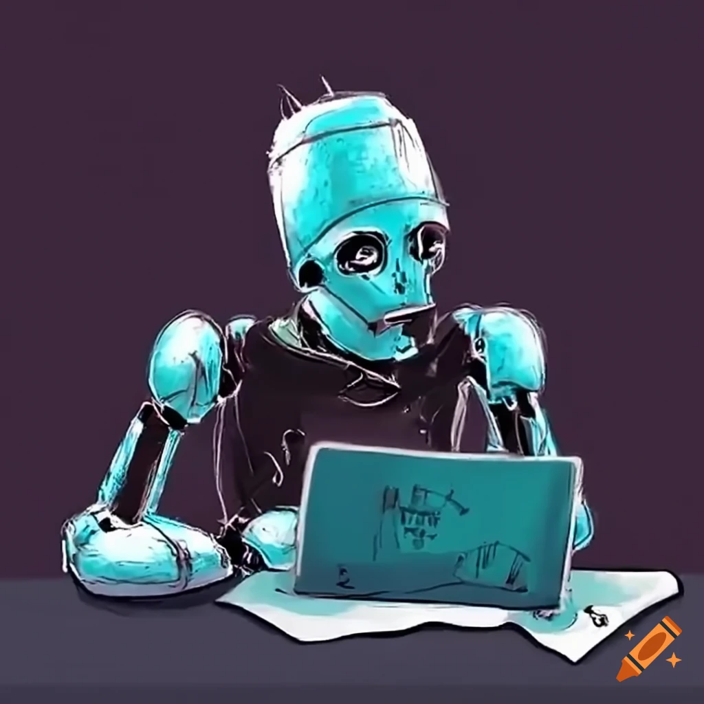 Image of a sad robot doing school work on a laptop on craiyon