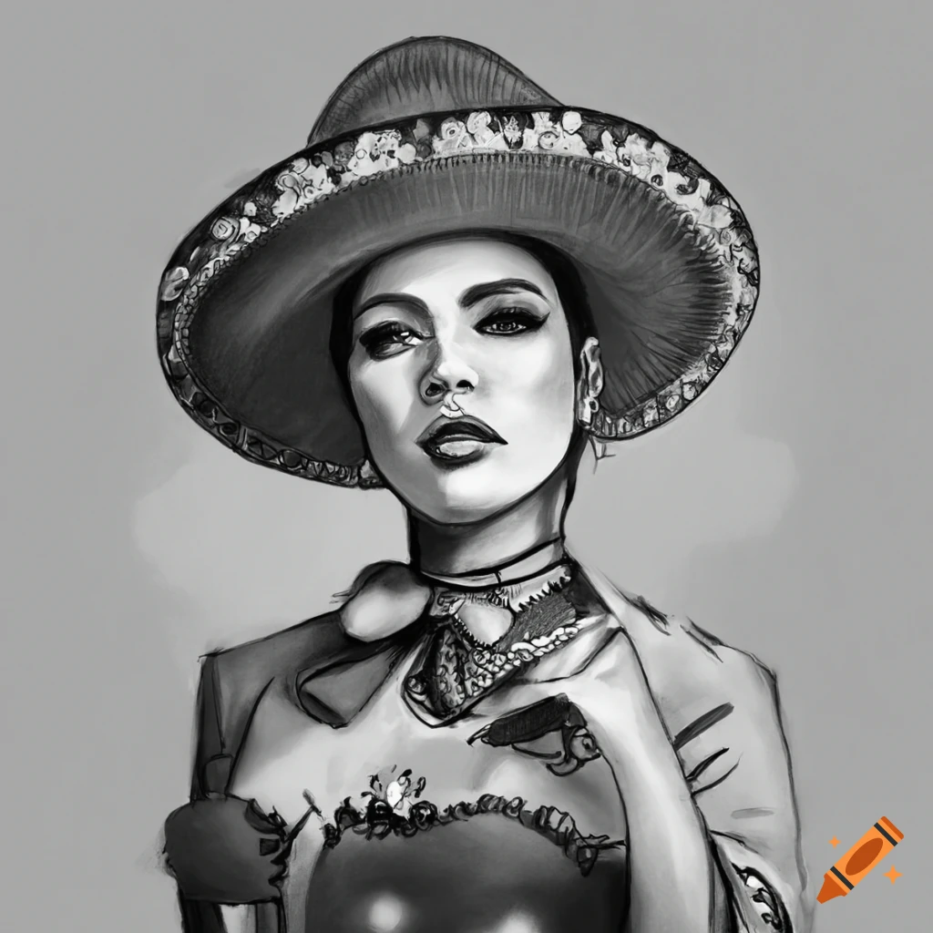 black and white sketch of a female mariachi