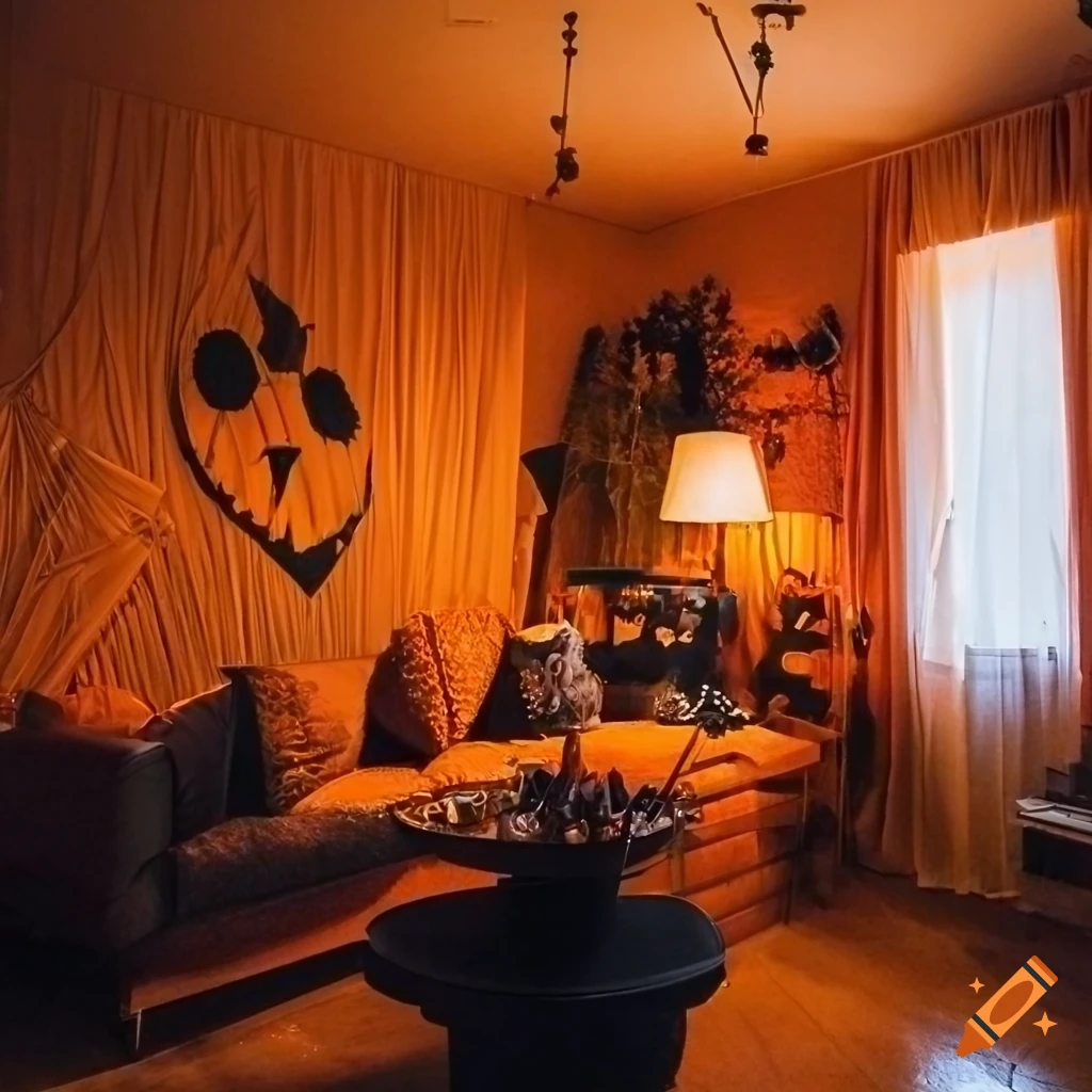 Halloweenthemed living room with orange and black decor on Craiyon