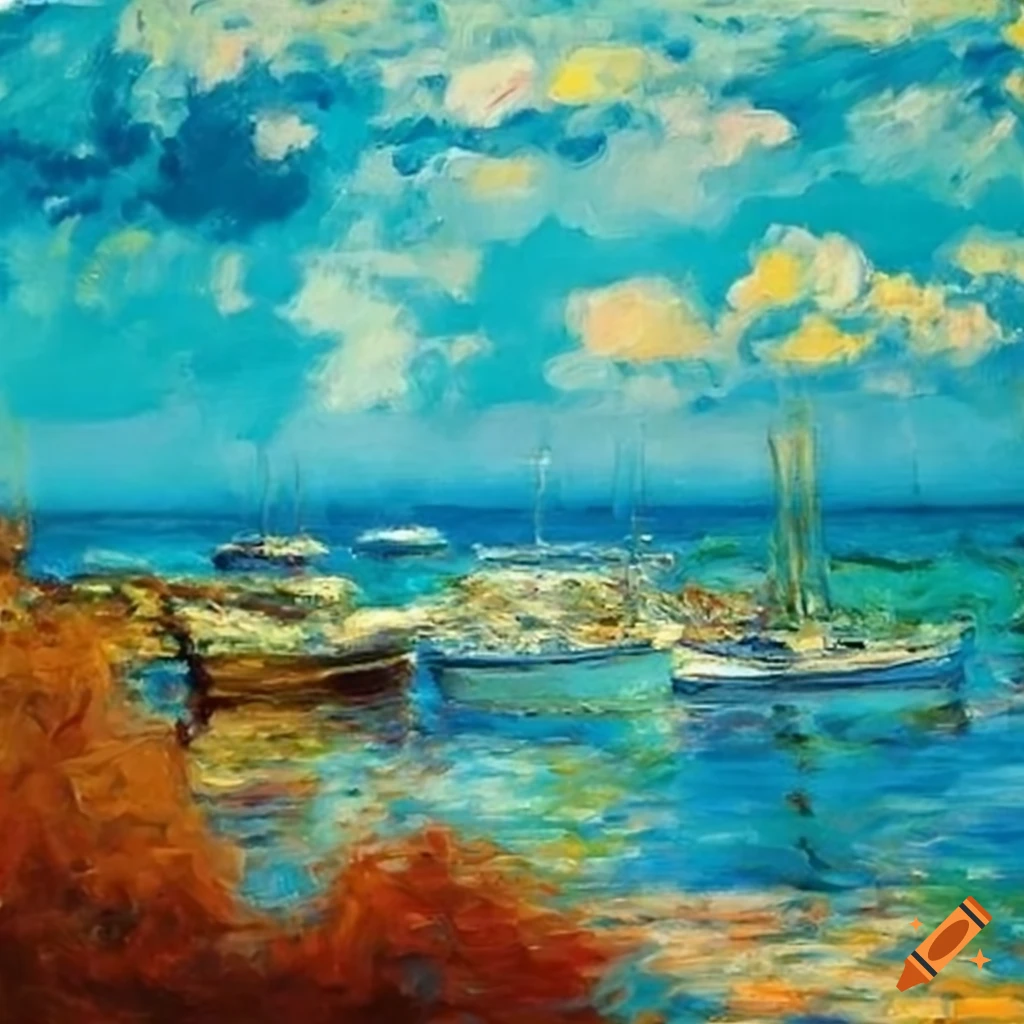 Impressionist painting of a waterfront town on Craiyon