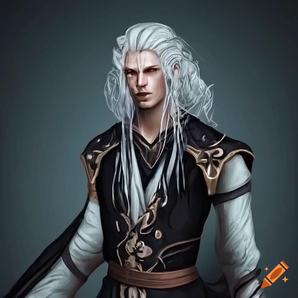 dark fantasy character with silver hair and fiery eyes