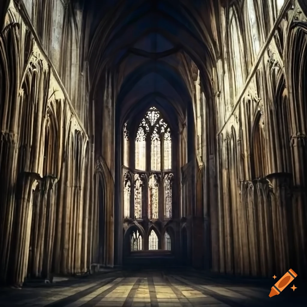 dawn interior of a gothic cathedral