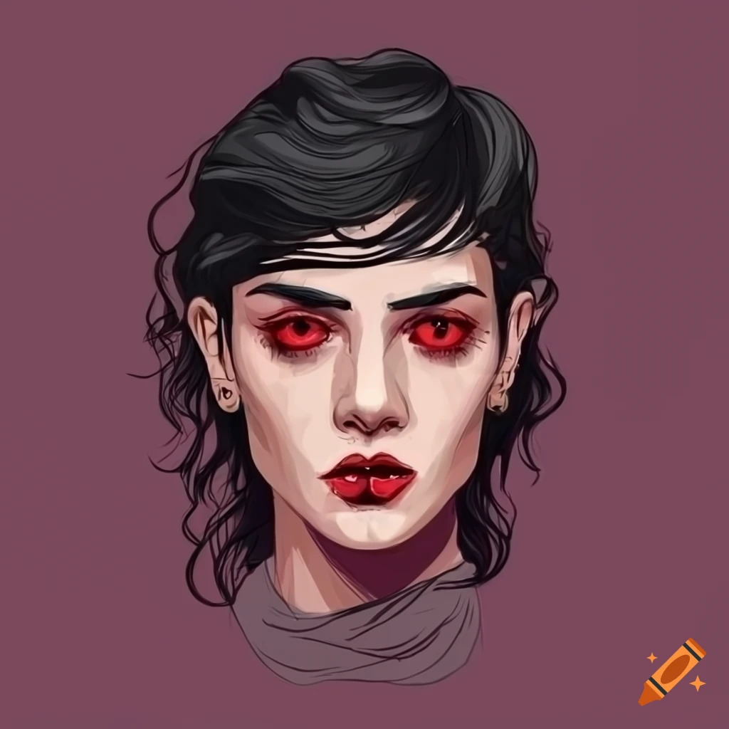 Androgynous person with wavy black hair and dark red eyes on Craiyon
