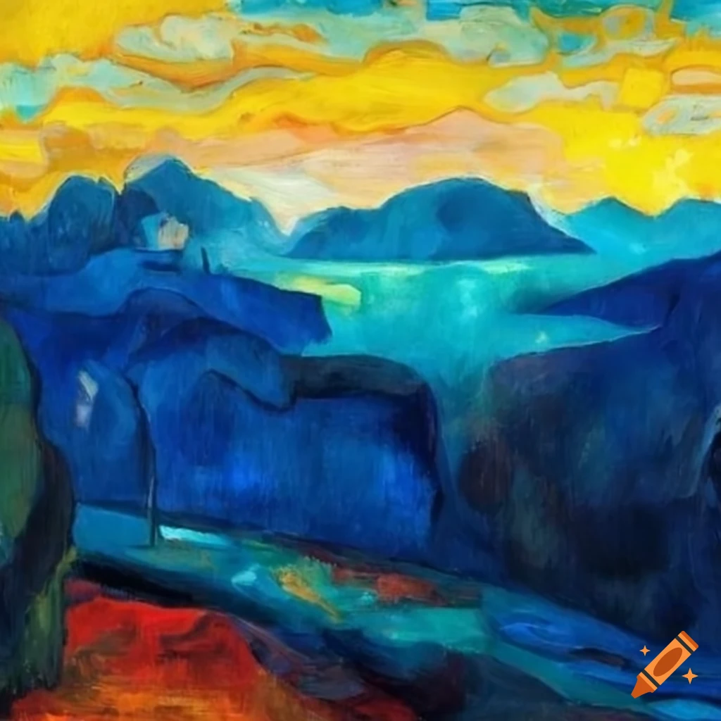 Abstract painting of blue mountains by paul gauguin on Craiyon