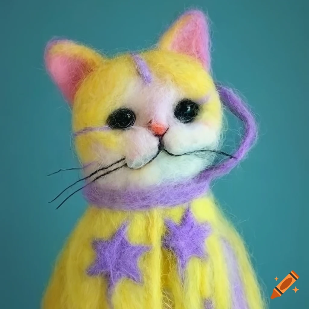 felted wool cat with star dress in bubbles