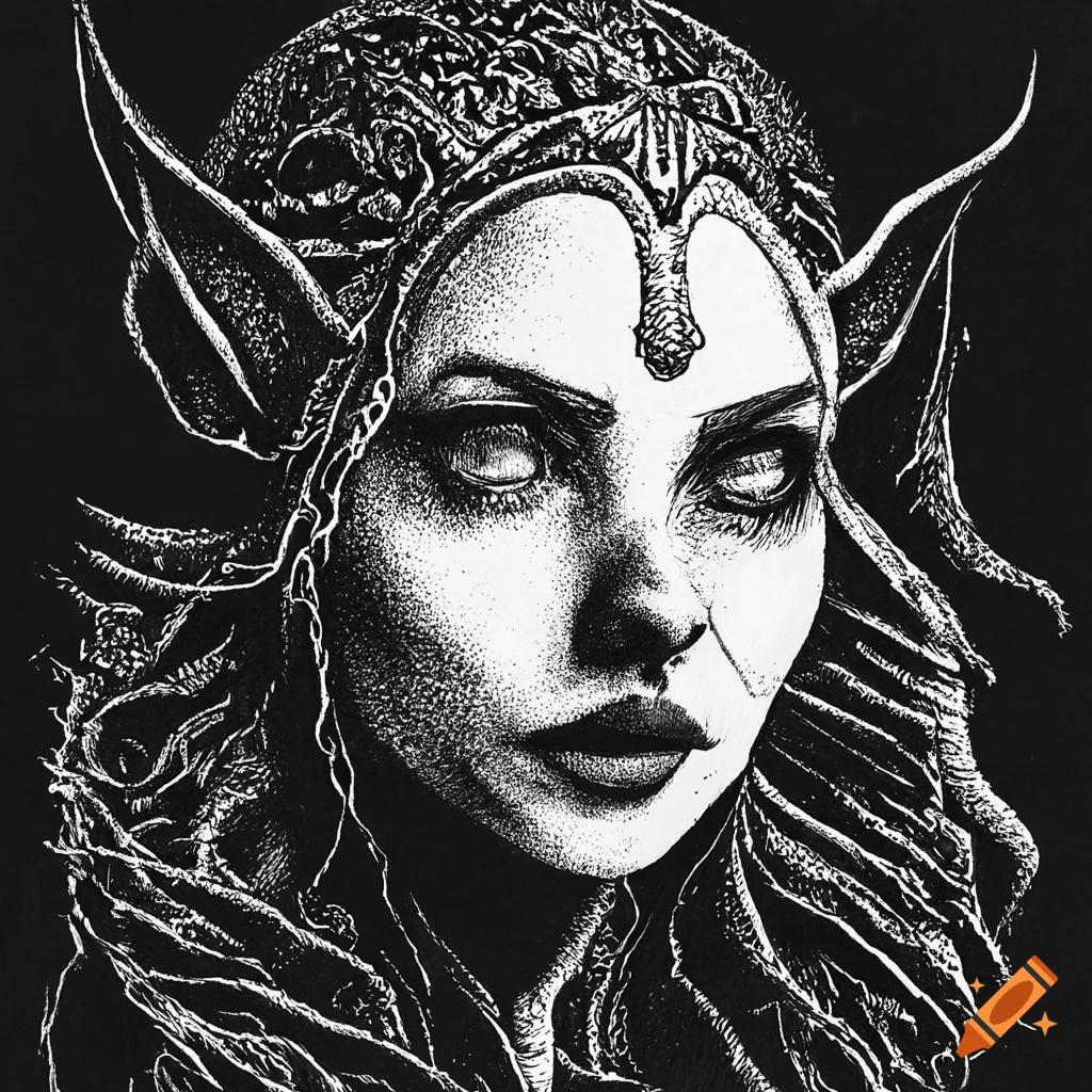 black and white illustration of a sorceress