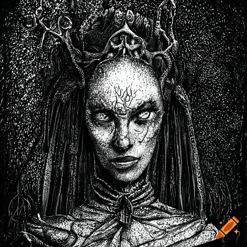 Portrait Illustration Of A Dark Sorceress In Black Ink On Craiyon