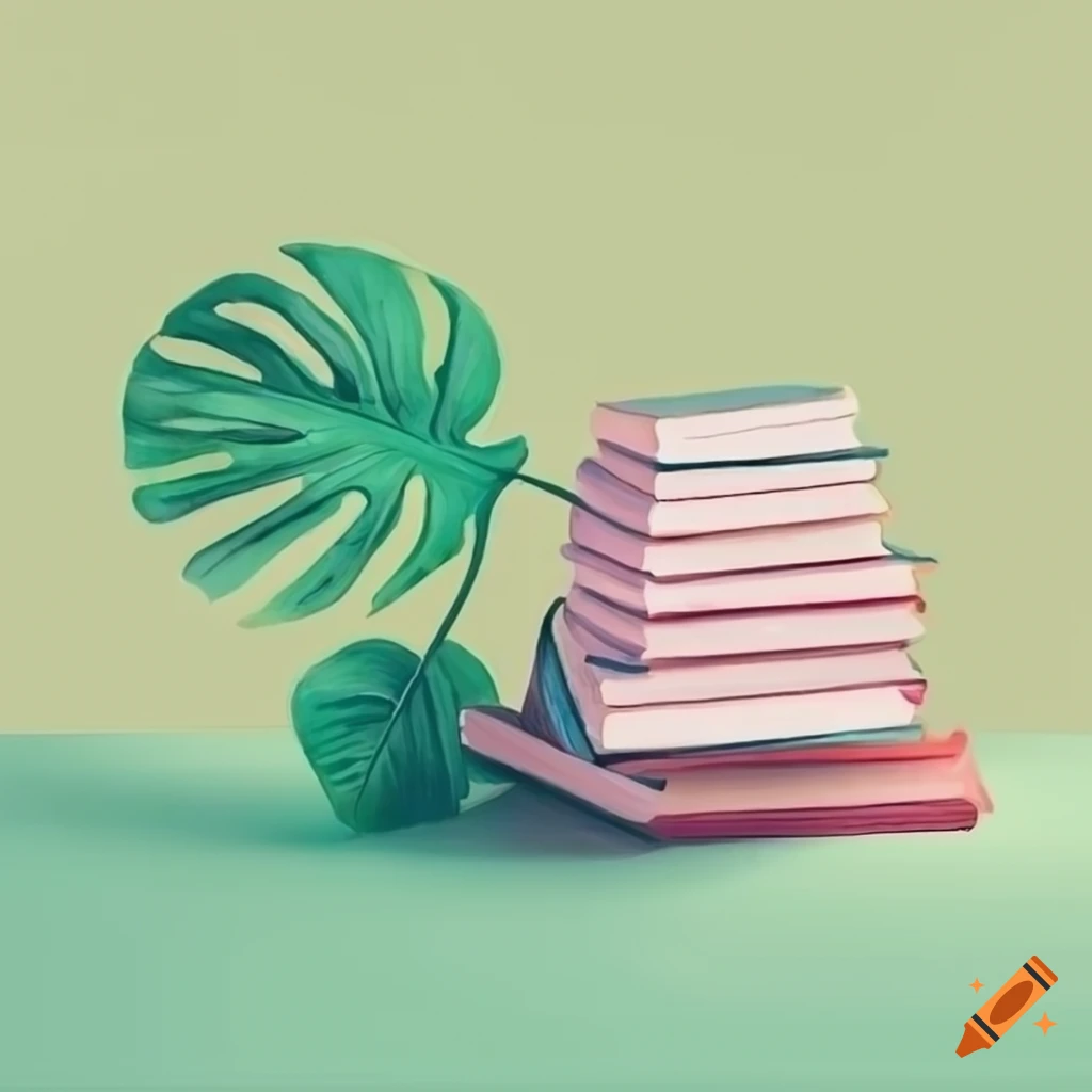Monstera leafs and books in pastel colors