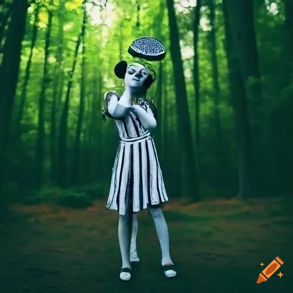 image of a bald woman mime clown resembling Alice in Wonderland