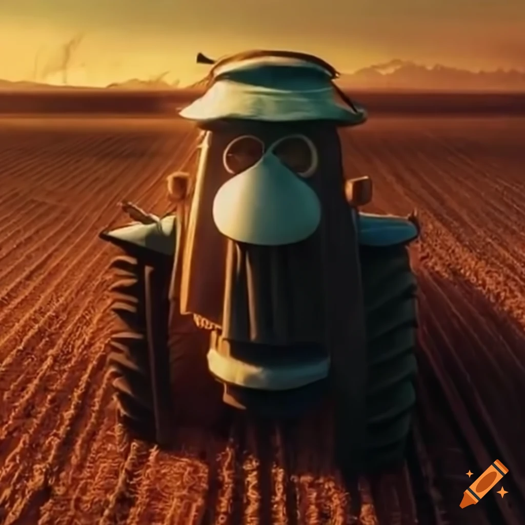 un agricultor disfrazado de fantasma en un tractor