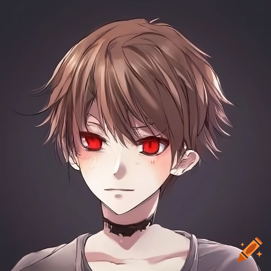 character design of an anime boy with brown hair and red eyes