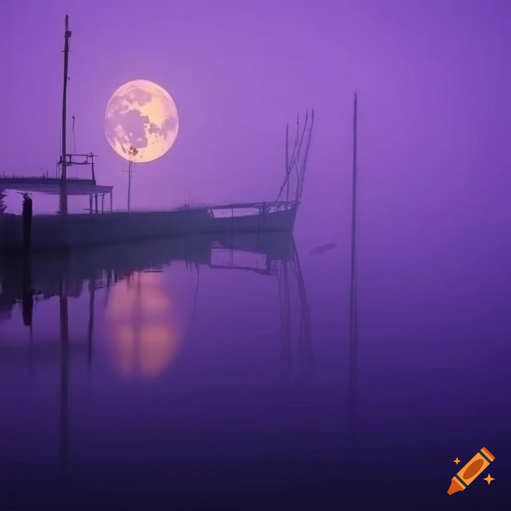 Pier under a purple sky on a foggy night