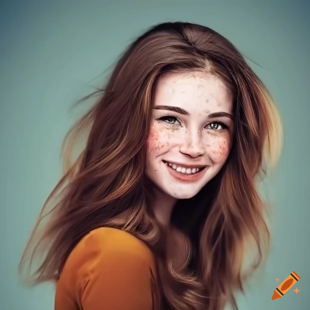 Portrait of a smiling woman with freckles and brown hair on Craiyon