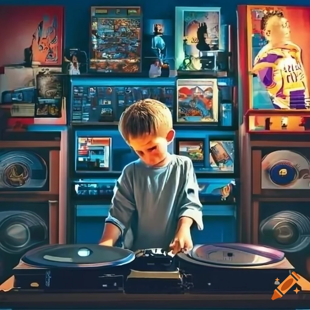 nostalgic room with NBA posters, vinyl records, and a turntable