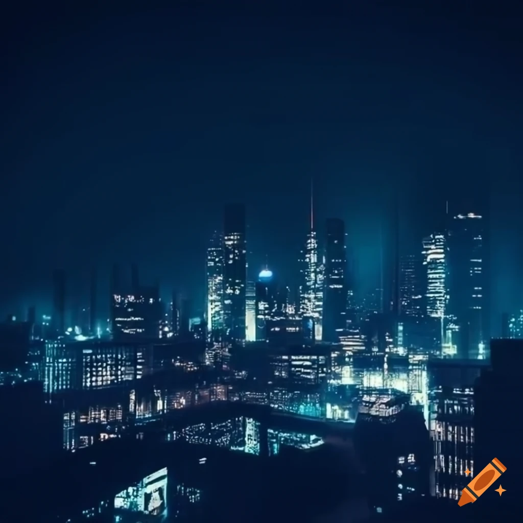 Futuristic cityscape with neon lights at night