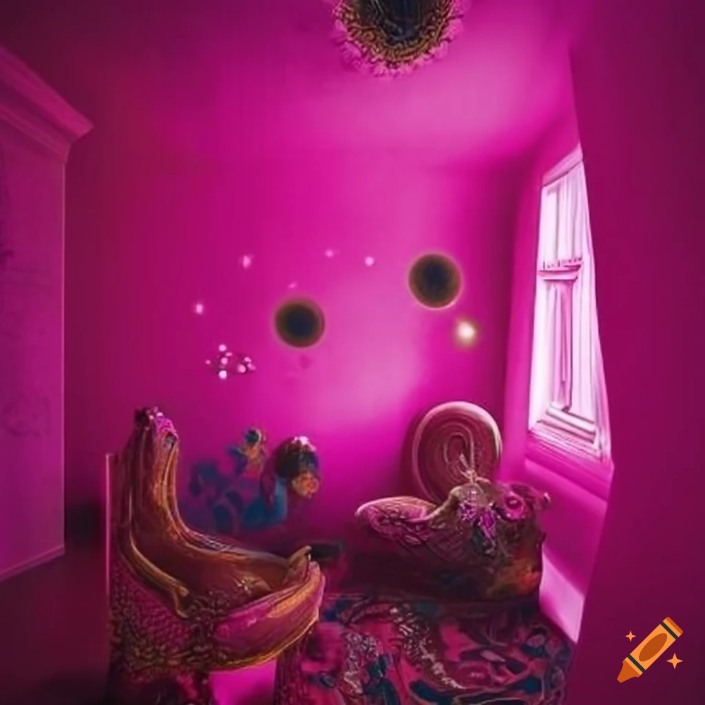 Bright and surrealistic pink room inspired by egyptian star cluster on Craiyon