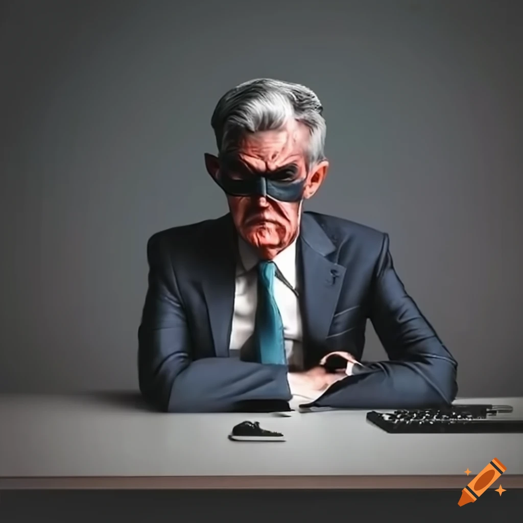 satirical image of Jerome Powell wearing Batman mask