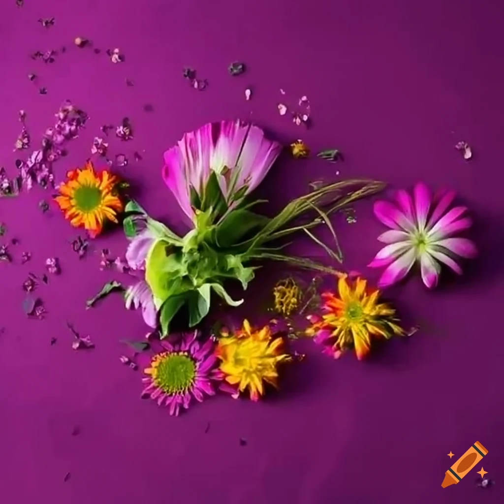 vibrant bouquet of flowers spread on the ground