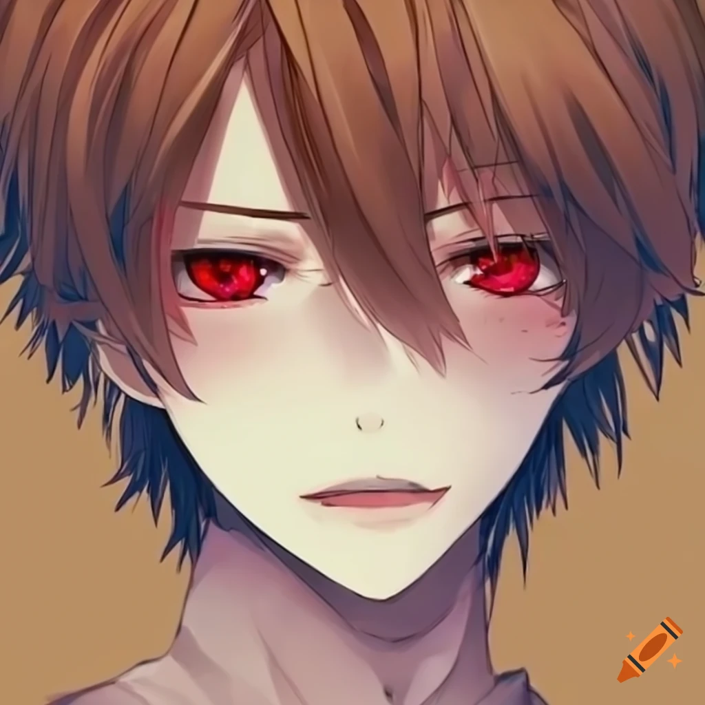 Image of an anime boy with brown hair and red eyes on Craiyon