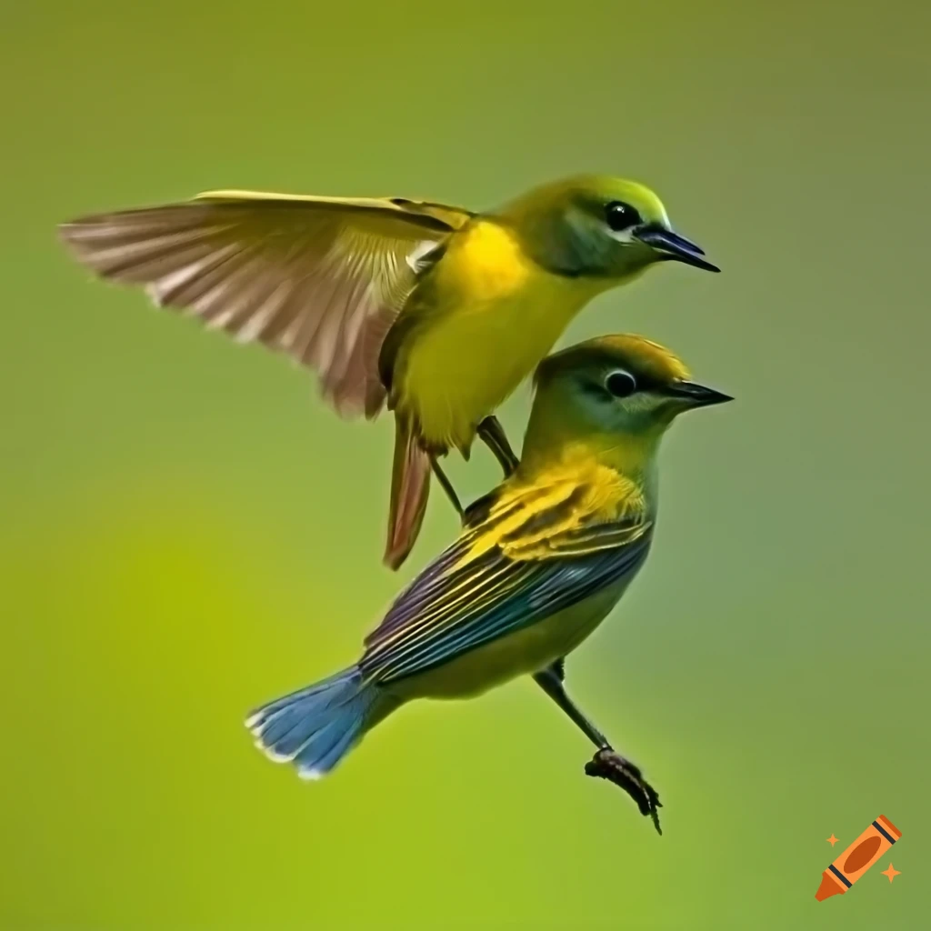 two green warblers flying in unison