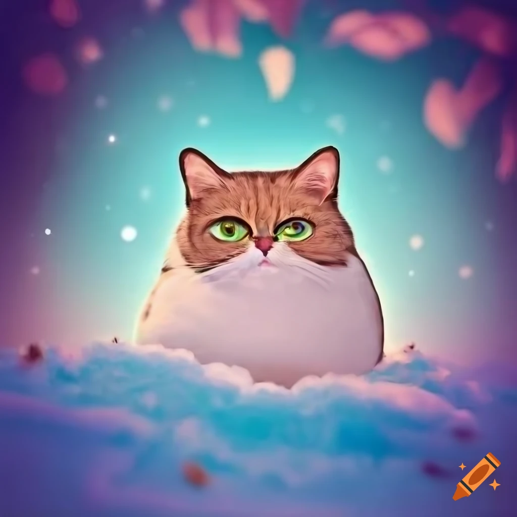 pastel drawing of a chubby cat in a snowy forest