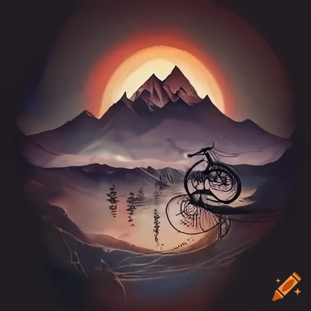 Upper arm tattoo design of moon, mountains and mountain bike on Craiyon