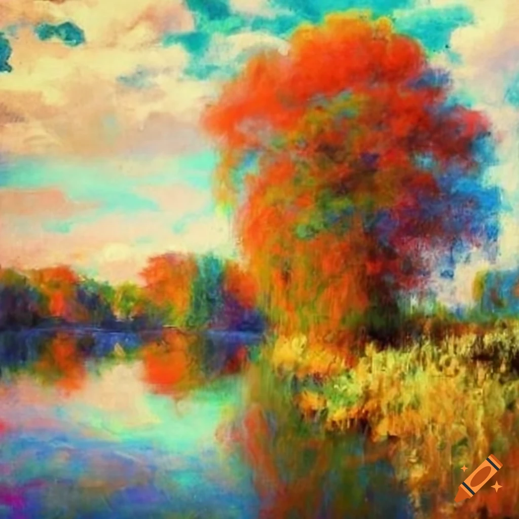 Impressionistic landscape painting with boats and a river