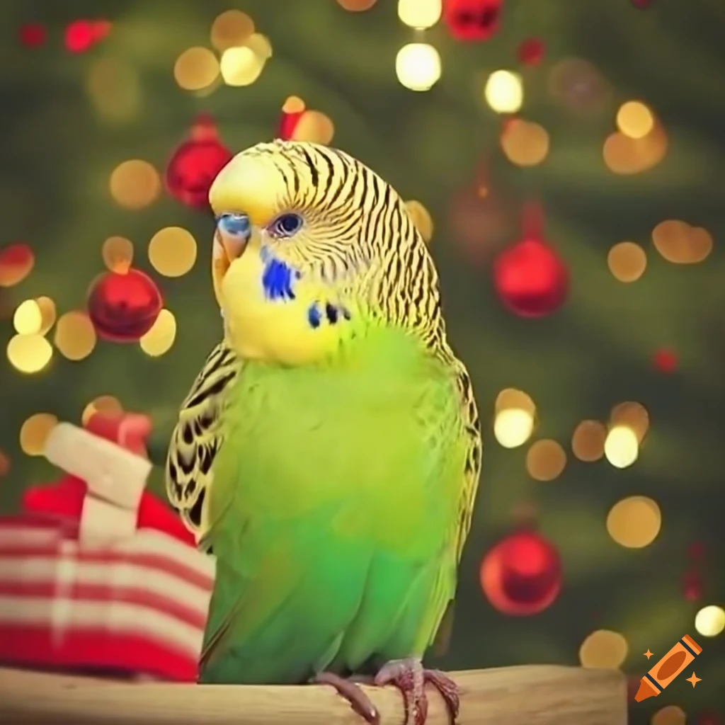 Two budgies perched on a christmas tree