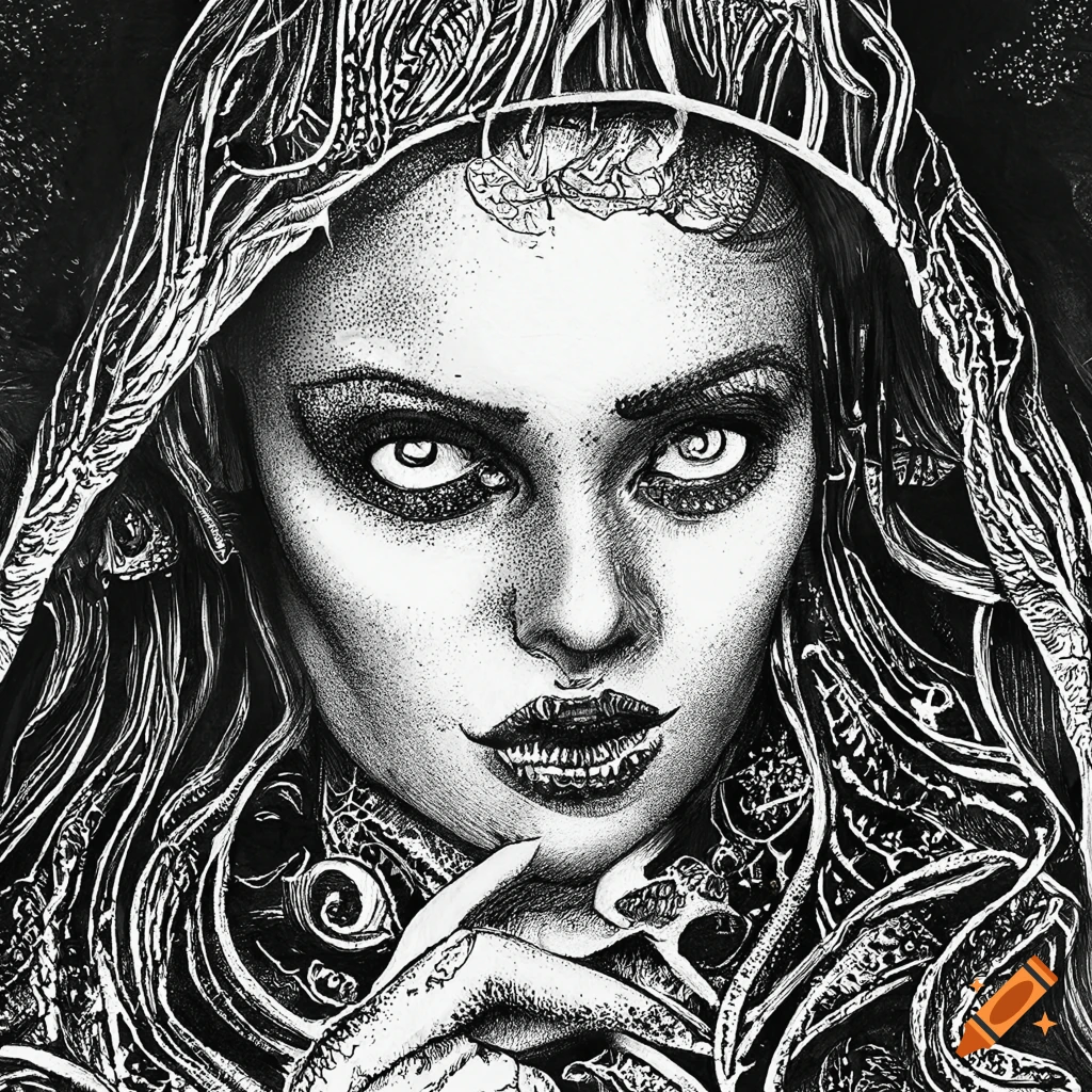 Black and white illustration of a dark sorceress