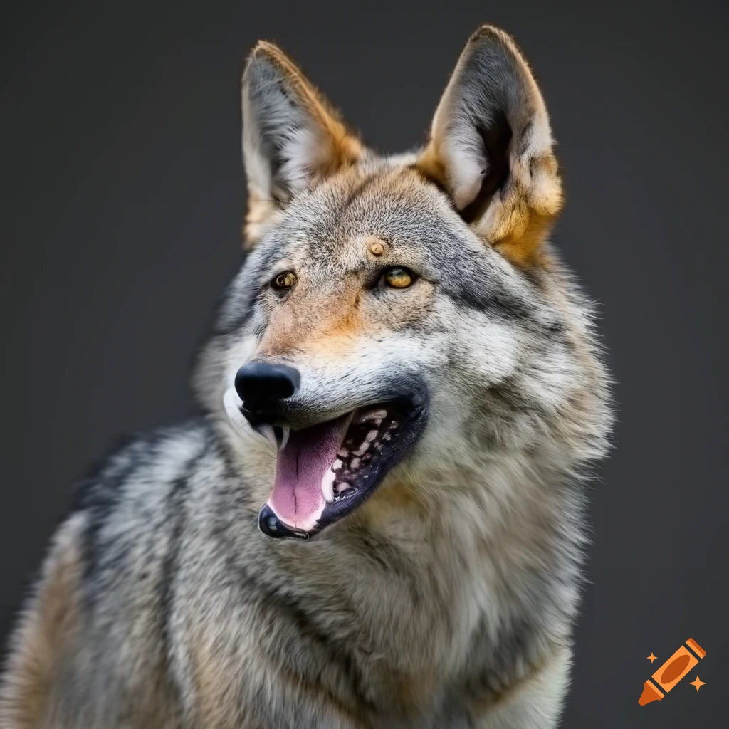 photorealistic image of a Czechoslovakian wolf on a gray background