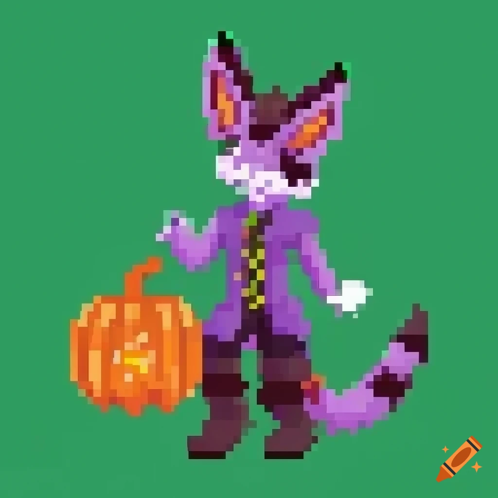 Pixel art of a furry character with a pumpkin head on Craiyon
