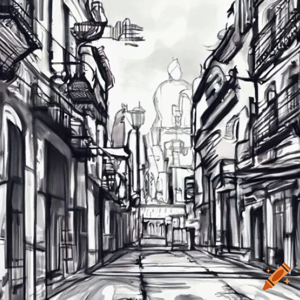 black and white sketch of a street in Mexico