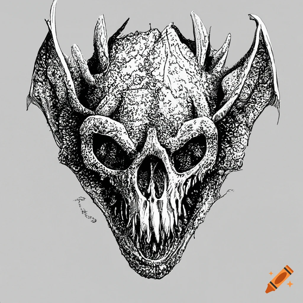 Detailed illustration of a wyvern bat skull