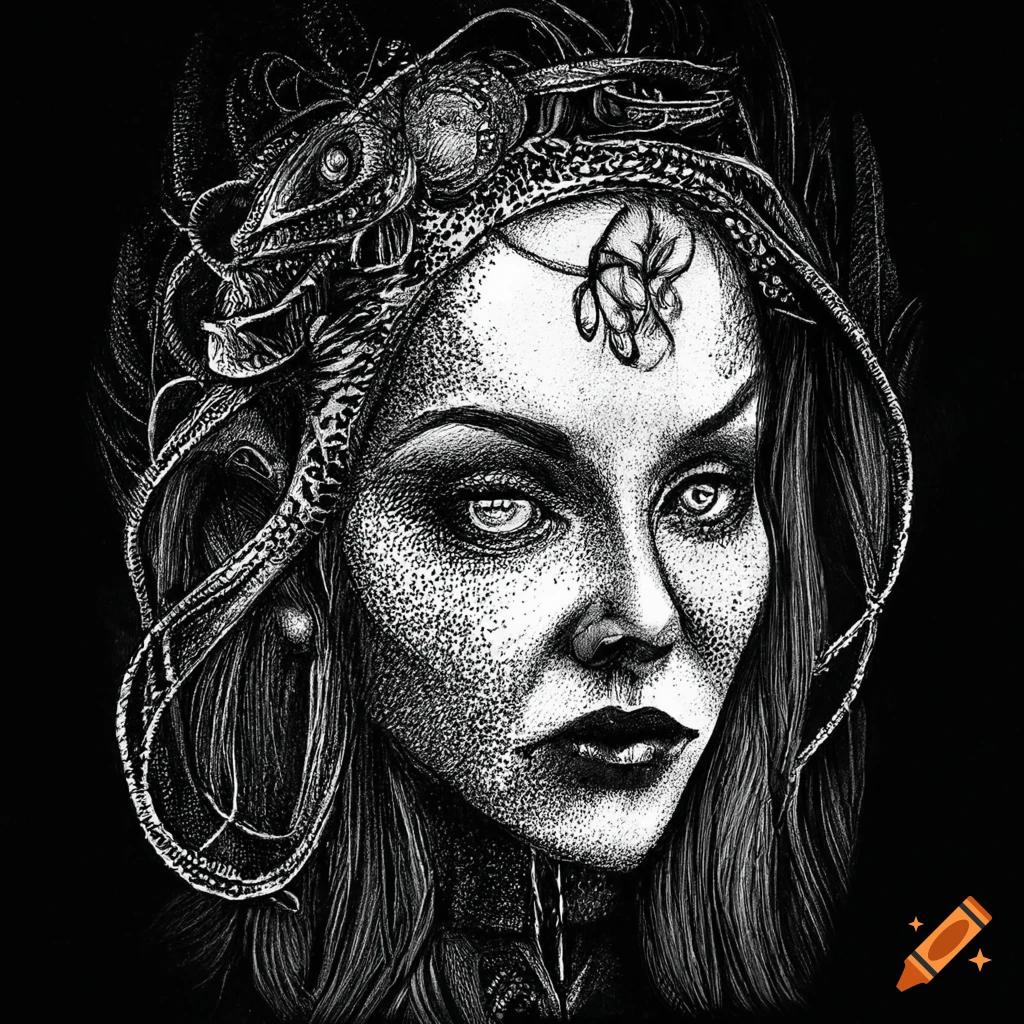 Black and white illustration of a sorceress