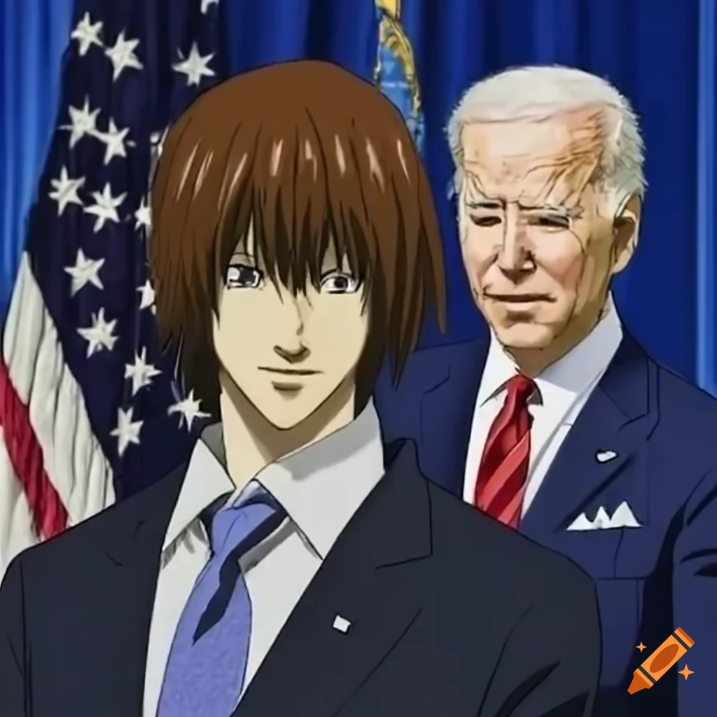 Joe Biden shaking hands with Asuka from Evangelion on Craiyon