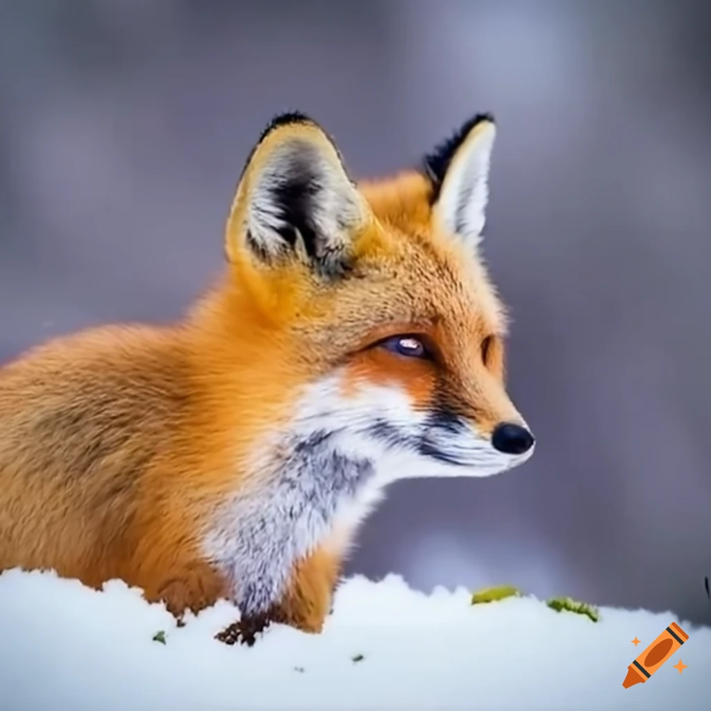Cute fox kit playing in the snow