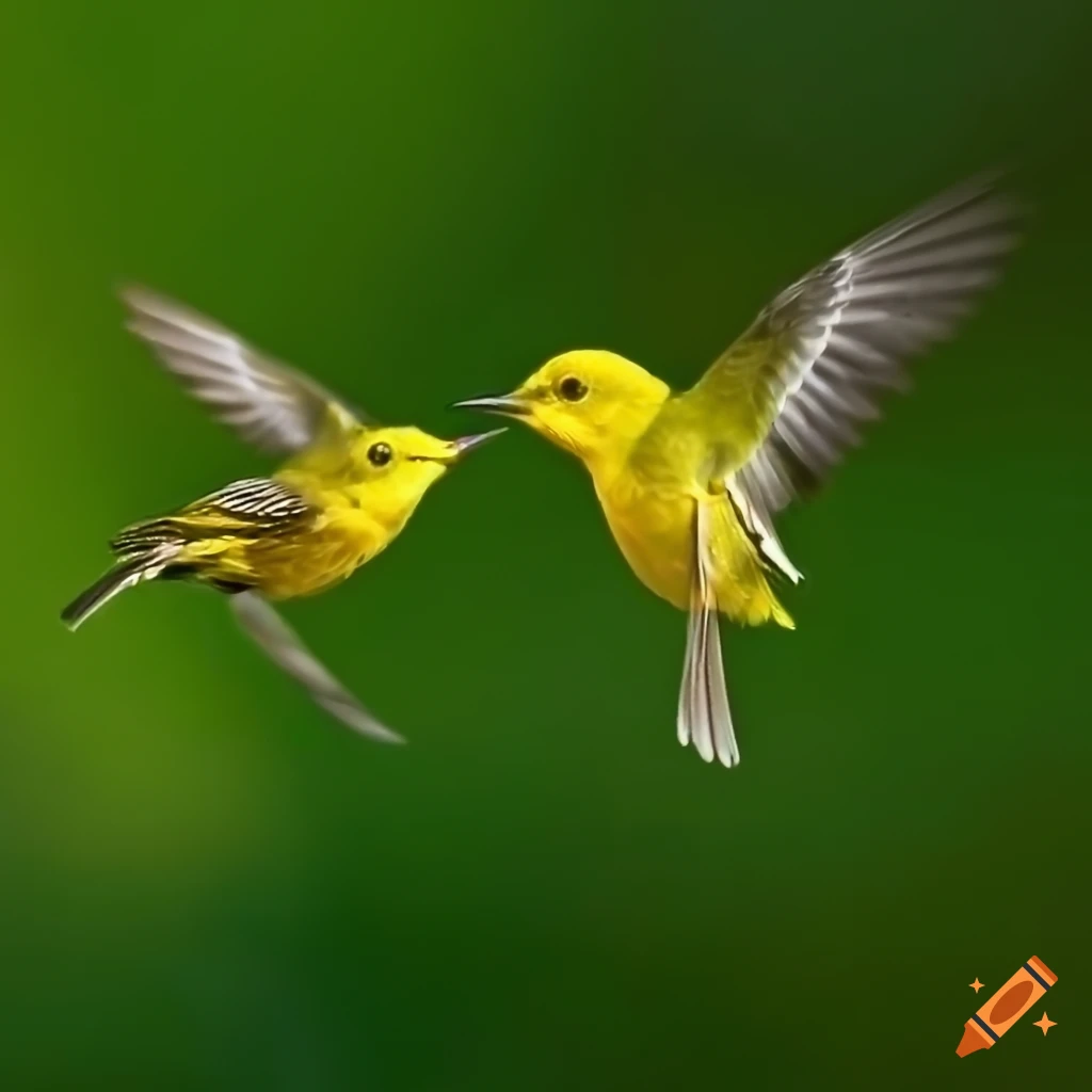 two green warblers flying together