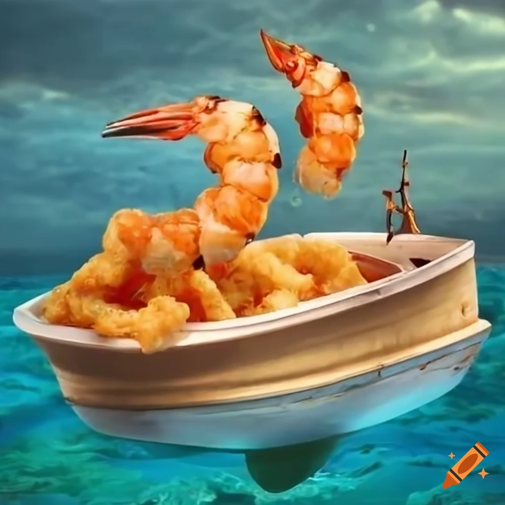 Crispy shrimp boat on the ocean on Craiyon