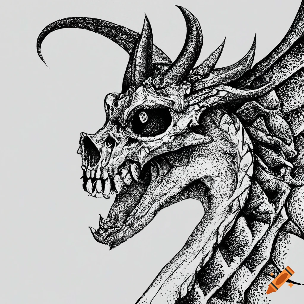Pen and ink dragon skull illustration on Craiyon