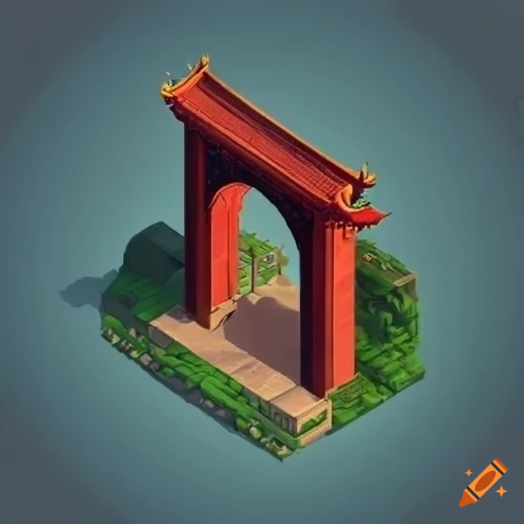 2D Chinese Moon Gate artwork with ornate architecture