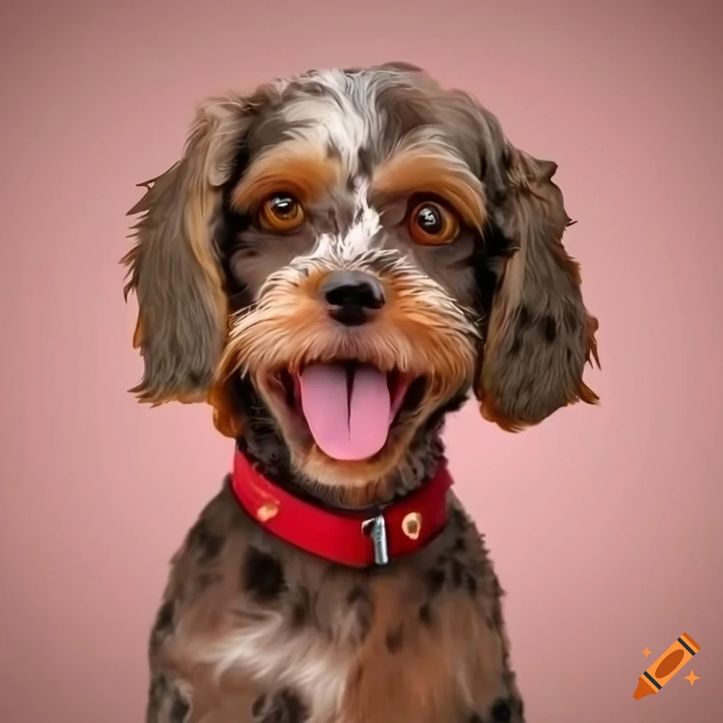 photorealistic dog with chocolate merle markings and red collar