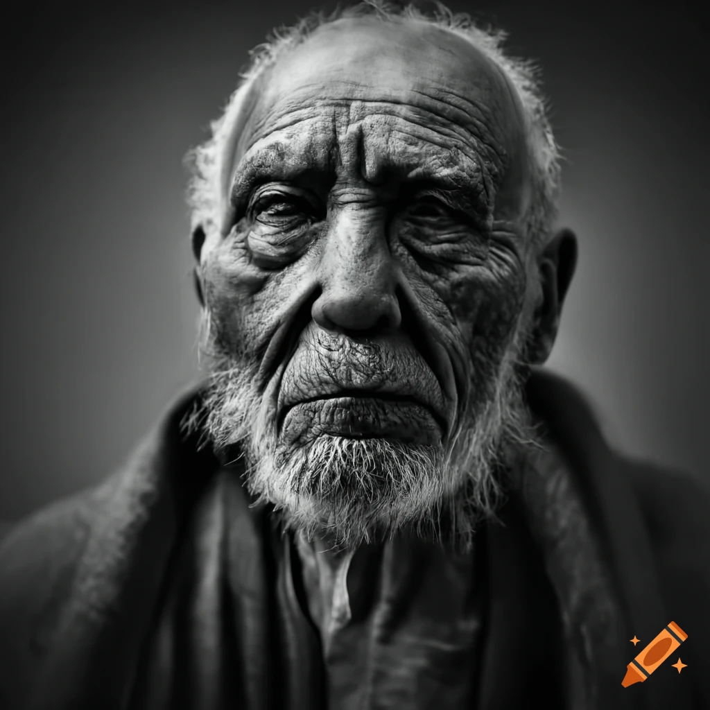 black and white portrait of an elderly Neolithic man