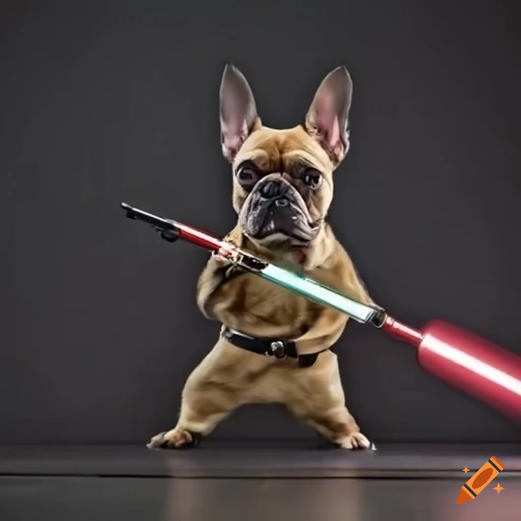 French bulldog dressed as Jedi with lightsaber