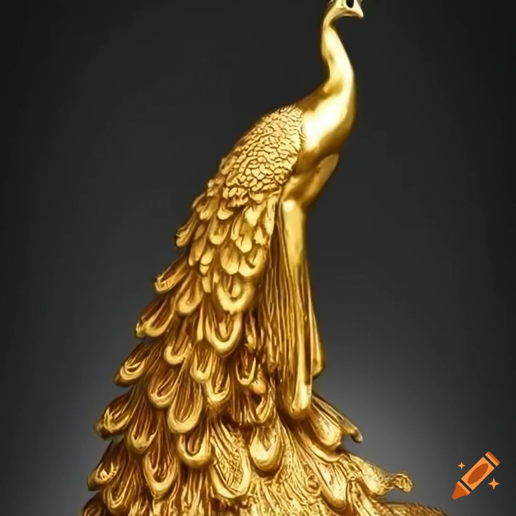 Golden statue of a peacock with long neck and majestic feathers on Craiyon