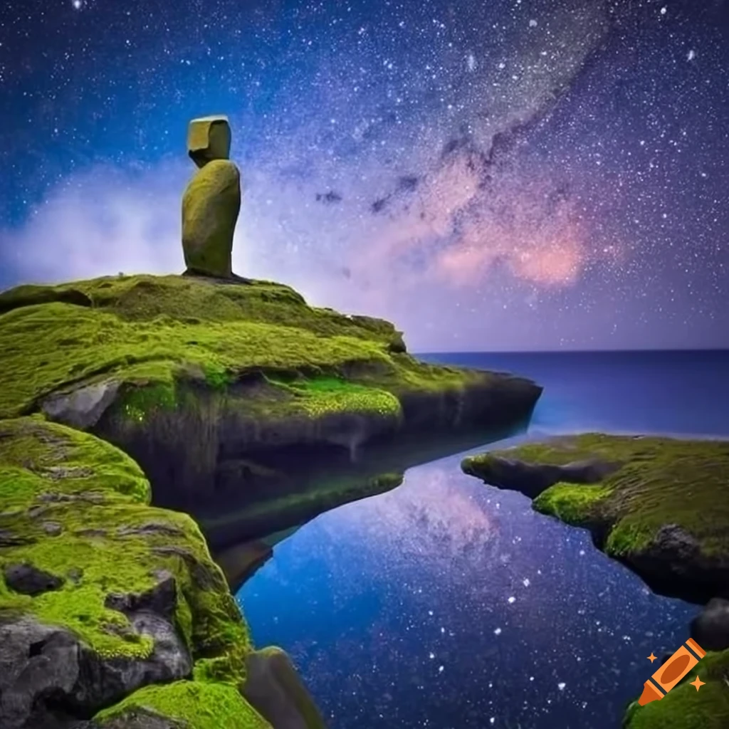 Stone statues resembling easter island's moai on a cliff on Craiyon