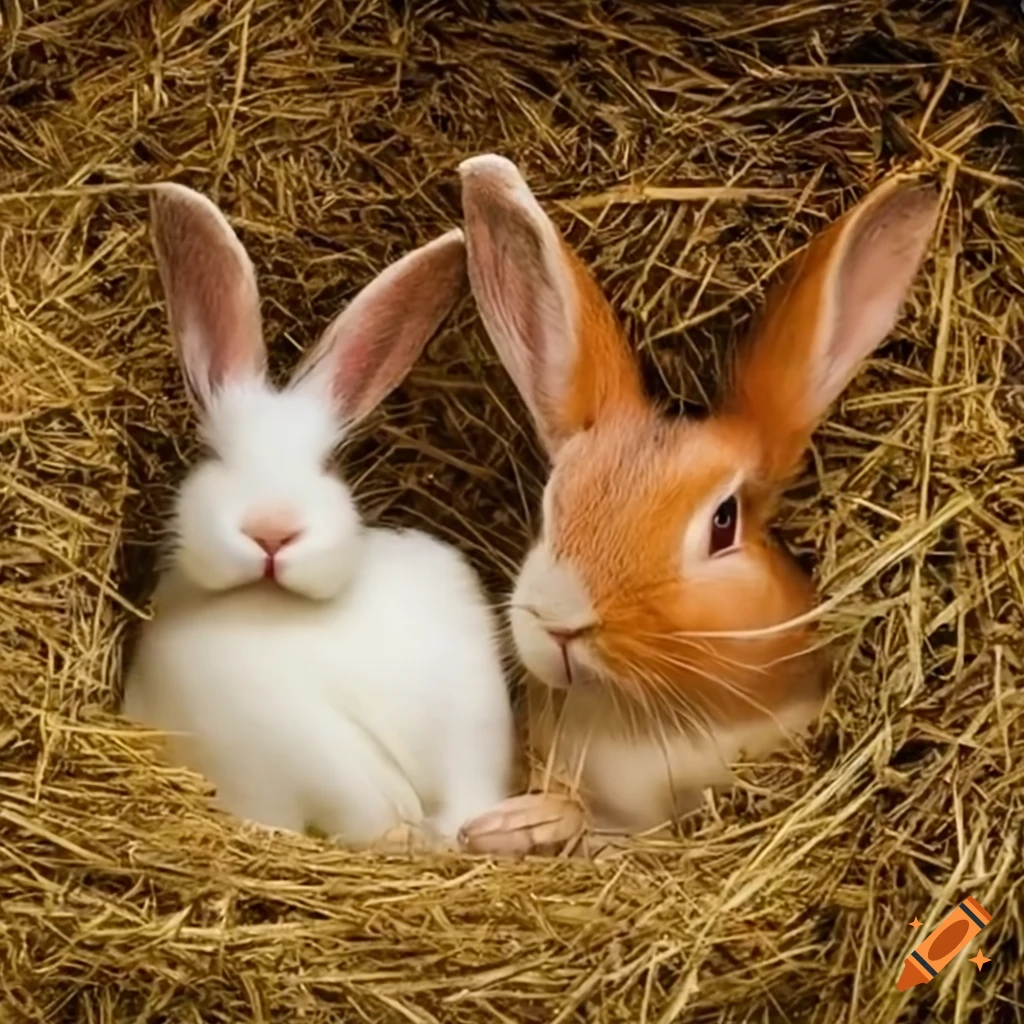 Two bunnies together in hay on Craiyon