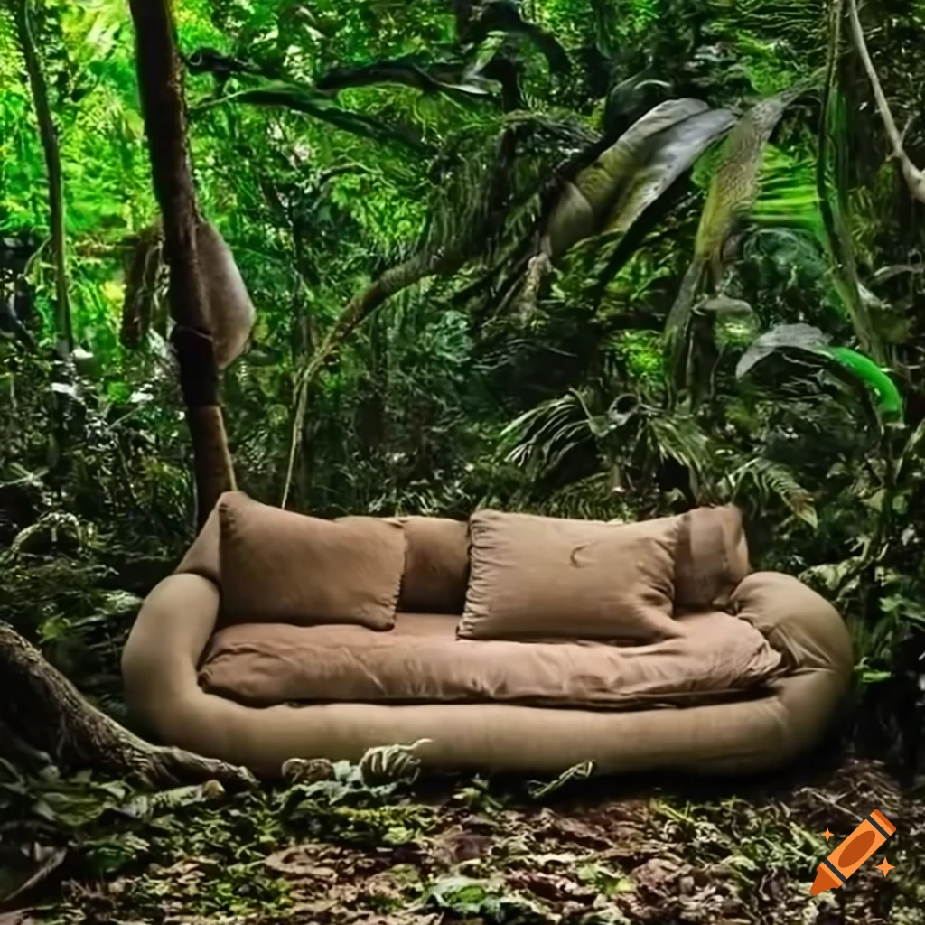 cozy sofa surrounded by lush greenery