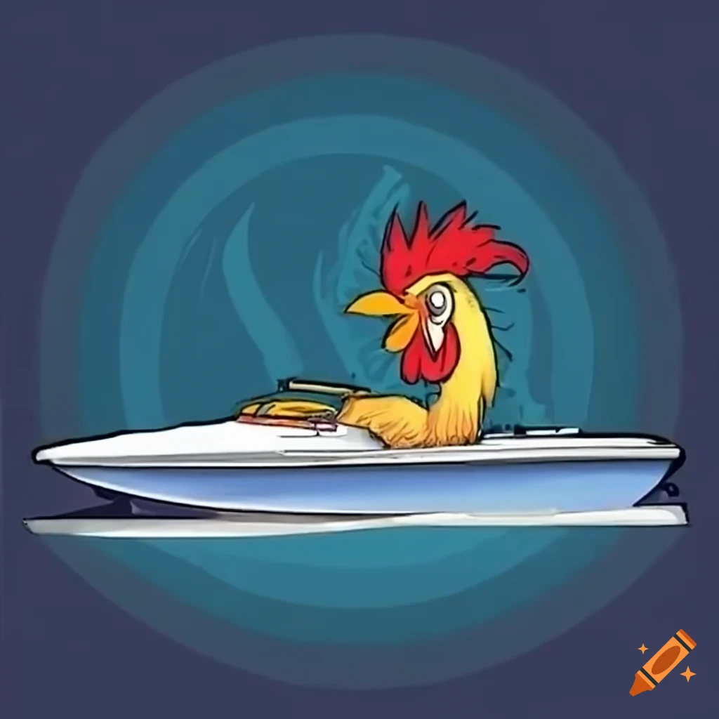 Rooster driving a speedboat in a drag race on Craiyon