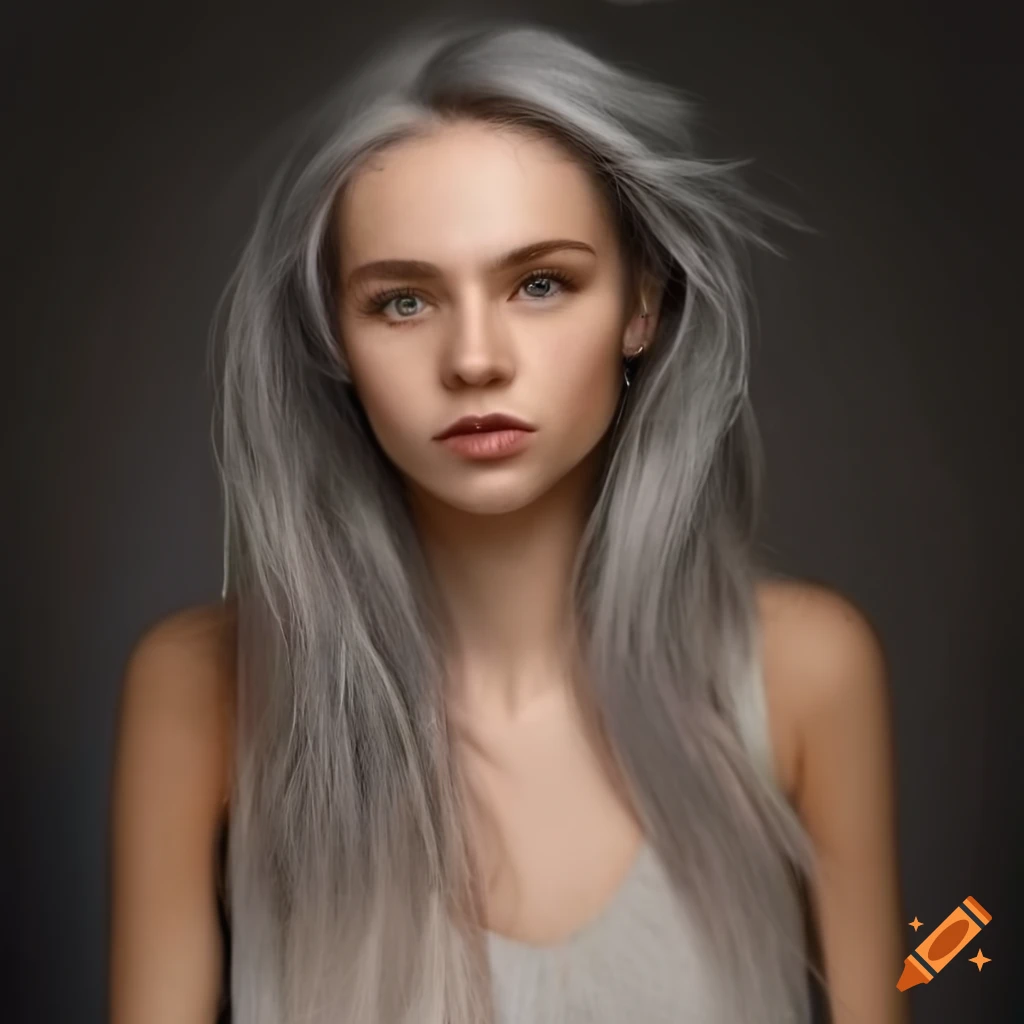Portrait of a beautiful girl with brown eyes and long blond grey hair ...