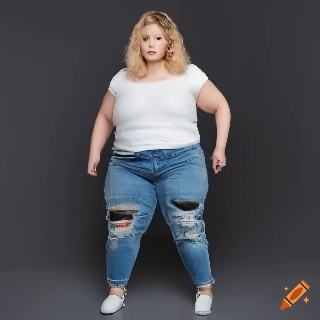 A fat woman in a white shirt and blue jeans Image & Design ID